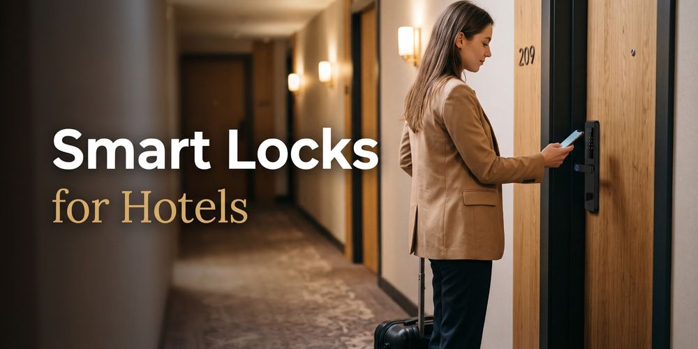 Smart Locks for Hotels: a guest opening her room door with her phone